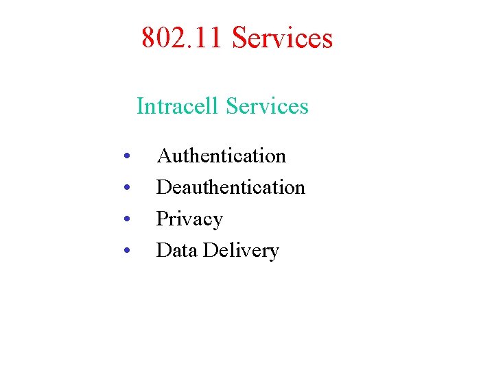 802. 11 Services Intracell Services • • Authentication Deauthentication Privacy Data Delivery 