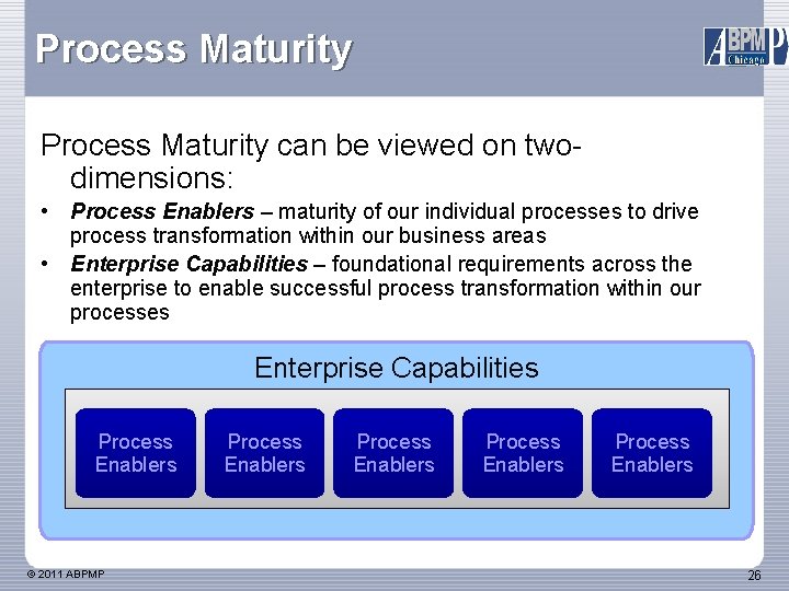 Process Maturity can be viewed on twodimensions: • Process Enablers – maturity of our
