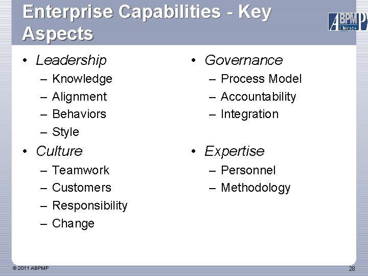 Enterprise Capabilities - Key Aspects • Leadership – – Knowledge Alignment Behaviors Style •