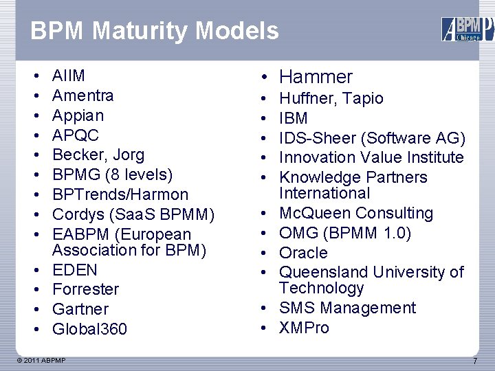 BPM Maturity Models • • • • AIIM Amentra Appian APQC Becker, Jorg BPMG