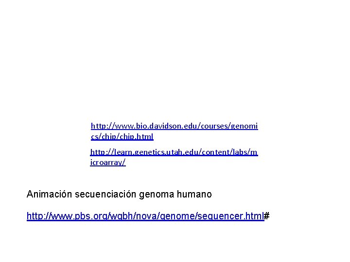 http: //www. bio. davidson. edu/courses/genomi cs/chip. html http: //learn. genetics. utah. edu/content/labs/m icroarray/ Animación