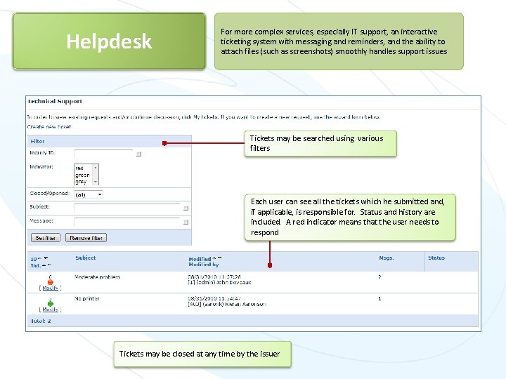 Helpdesk For more complex services, especially IT support, an interactive ticketing system with messaging