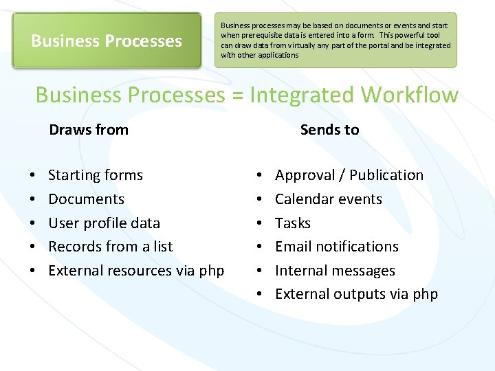 Business Processes Business processes may be based on documents or events and start when