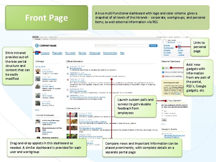 Front Page A true multi-functional dashboard with logo and color scheme gives a snapshot