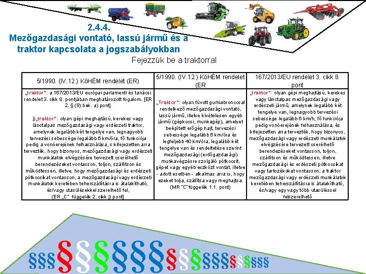 2. 4. 4. Mezőgazdasági vontató, lassú jármű és a traktor kapcsolata a jogszabályokban Fejezzük