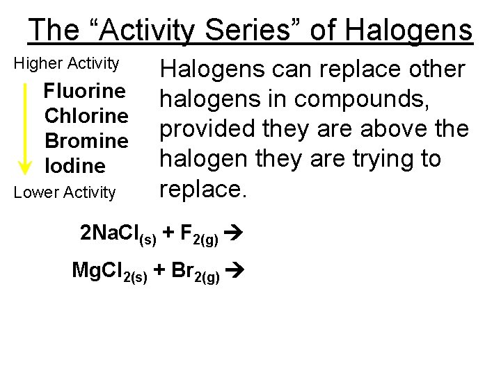 The “Activity Series” of Halogens Higher Activity Fluorine Chlorine Bromine Iodine Lower Activity Halogens