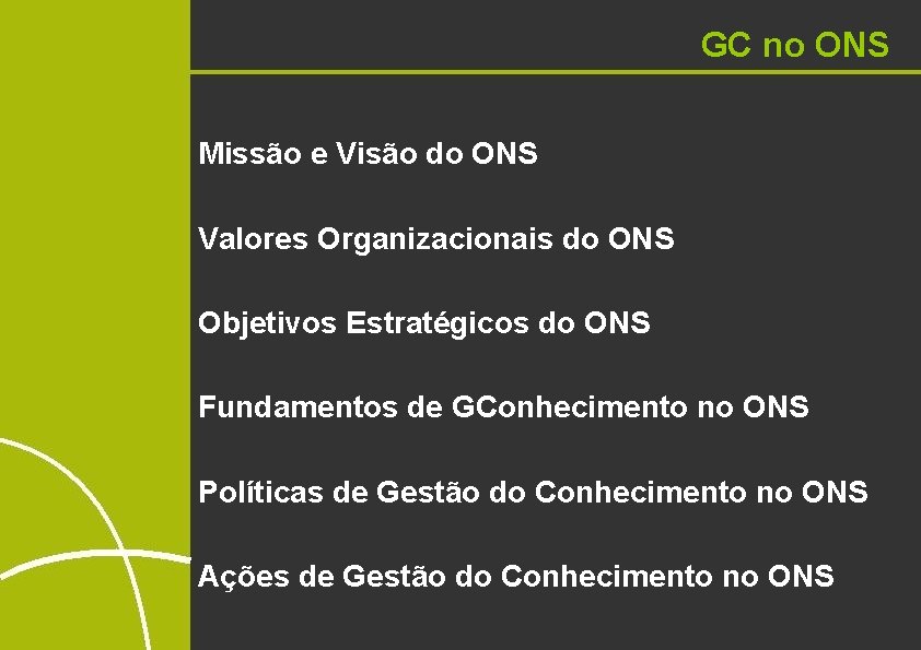 GC no ONS Missão e Visão do ONS Valores Organizacionais do ONS Objetivos Estratégicos