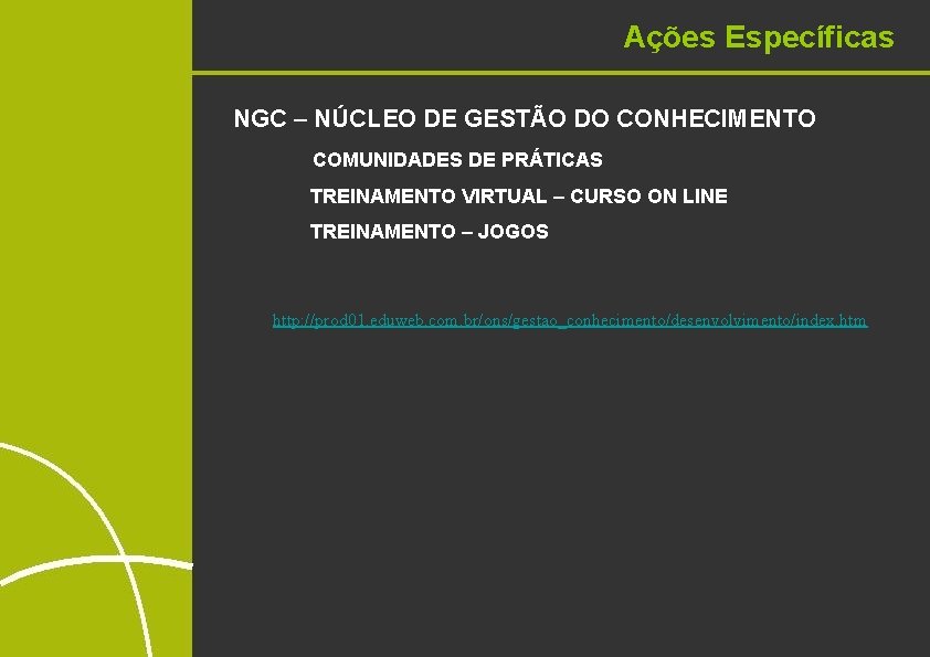 Ações Específicas NGC – NÚCLEO DE GESTÃO DO CONHECIMENTO COMUNIDADES DE PRÁTICAS TREINAMENTO VIRTUAL