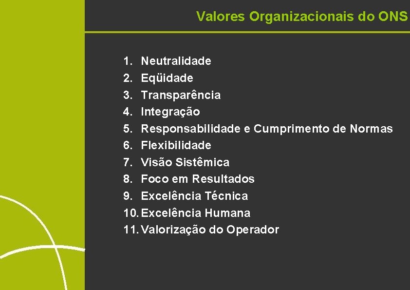 Valores Organizacionais do ONS 1. Neutralidade 2. Eqüidade 3. Transparência 4. Integração 5. Responsabilidade