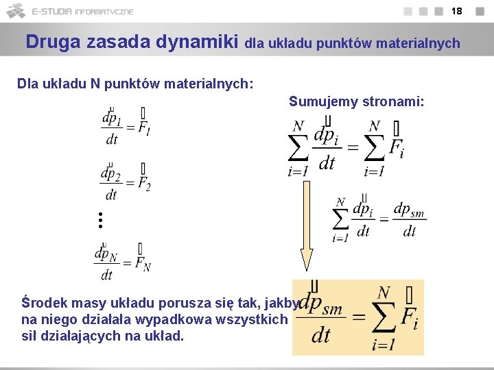 18 Druga zasada dynamiki dla układu punktów materialnych Dla układu N punktów materialnych: Sumujemy