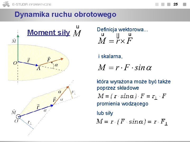 25 Dynamika ruchu obrotowego Moment siły Definicja wektorowa. . . i skalarna, która wyrażona