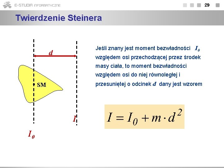 29 Twierdzenie Steinera Jeśli znany jest moment bezwładności I 0 d względem osi przechodzącej