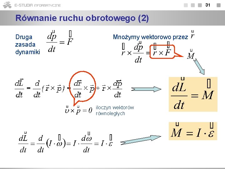 31 Równanie ruchu obrotowego (2) Druga zasada dynamiki Mnożymy wektorowo przez iloczyn wektorów równoległych