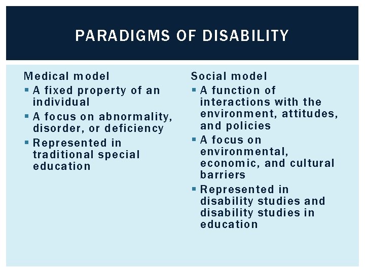 PARADIGMS OF DISABILITY Medical model § A fixed property of an individual § A
