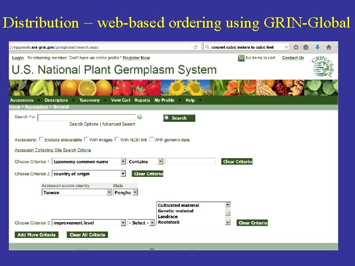 Distribution – web-based ordering using GRIN-Global 