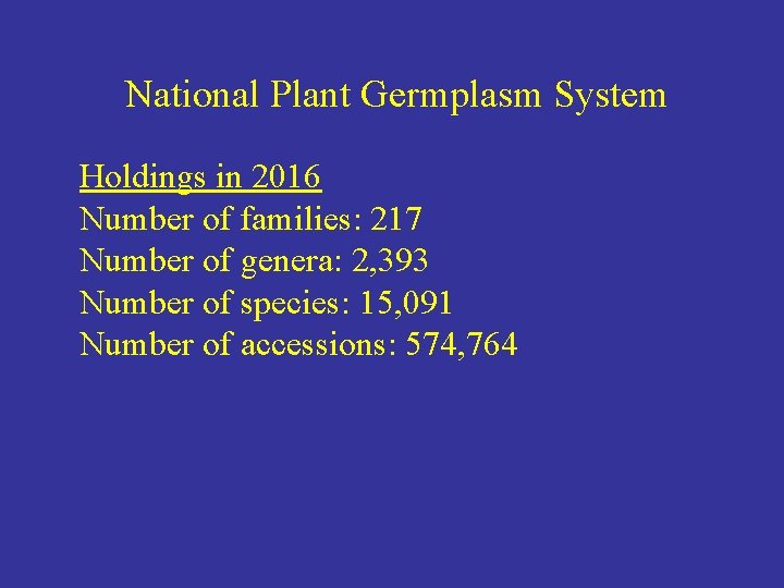 National Plant Germplasm System Holdings in 2016 Number of families: 217 Number of genera: