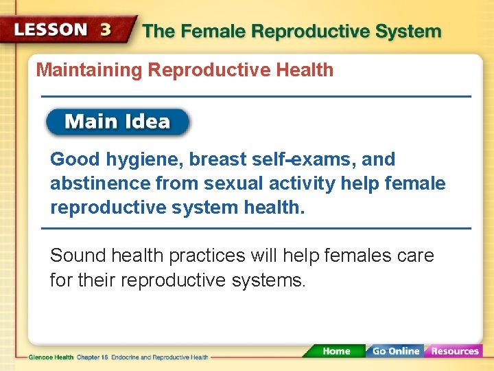 Maintaining Reproductive Health Good hygiene, breast self-exams, and abstinence from sexual activity help female