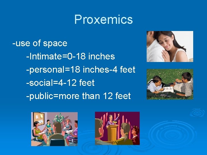 Proxemics -use of space -Intimate=0 -18 inches -personal=18 inches-4 feet -social=4 -12 feet -public=more