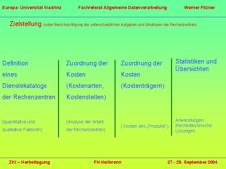 Europa- Universität Viadrina Fachreferat Allgemeine Datenverarbeitung Werner Fitzner Zielstellung (unter Berücksichtigung der unterschiedlichen Aufgaben