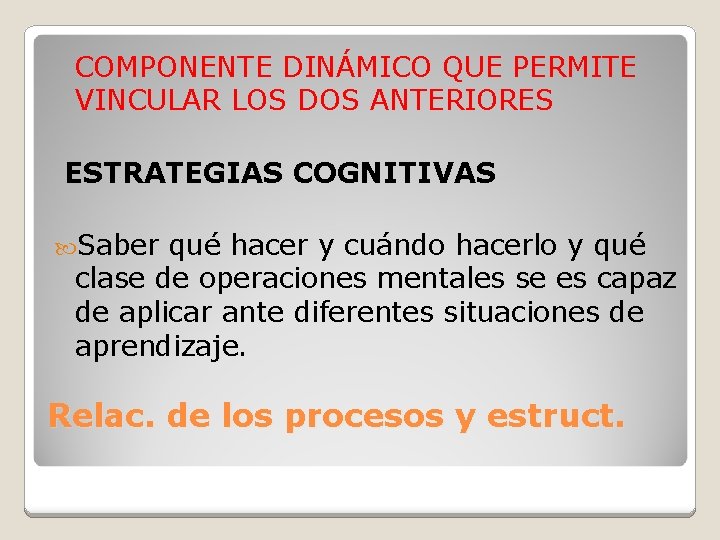  COMPONENTE DINÁMICO QUE PERMITE VINCULAR LOS DOS ANTERIORES ESTRATEGIAS COGNITIVAS Saber qué hacer