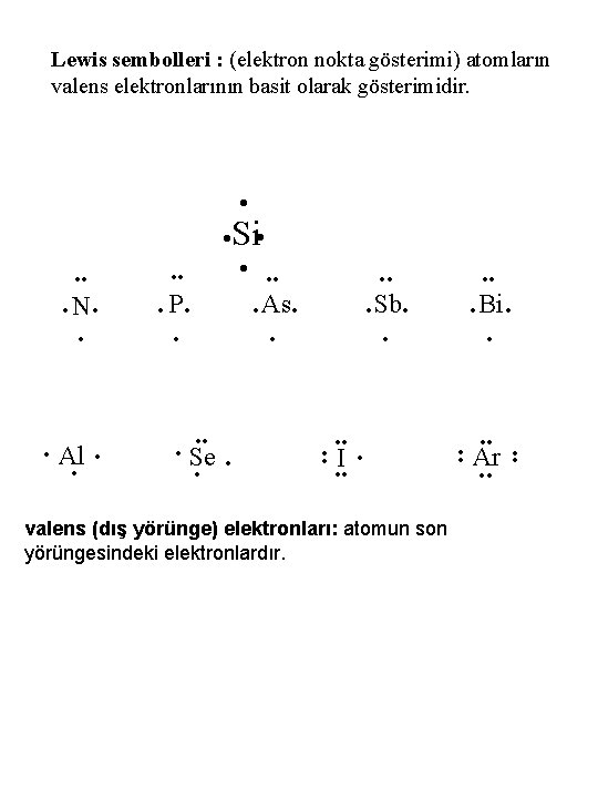 Lewis sembolleri : (elektron nokta gösterimi) atomların valens elektronlarının basit olarak gösterimidir. • •