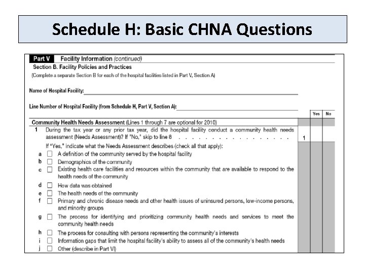 Schedule H: Basic CHNA Questions 