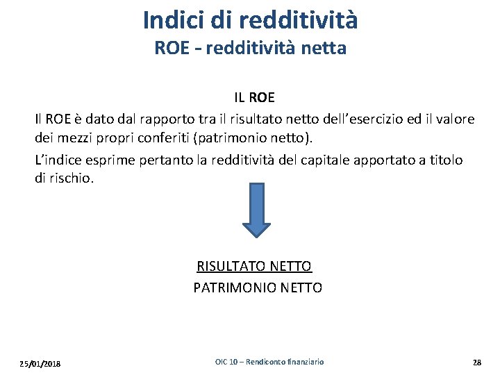 Indici di redditività ROE – redditività netta IL ROE Il ROE è dato dal