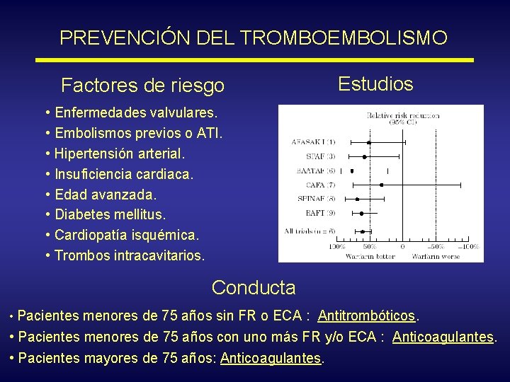 PREVENCIÓN DEL TROMBOEMBOLISMO Factores de riesgo Estudios • Enfermedades valvulares. • Embolismos previos o