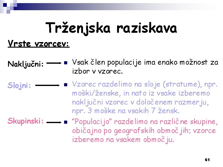 Trženjska raziskava Vrste vzorcev: Naključni: n Slojni: n Skupinski: n Vsak člen populacije ima