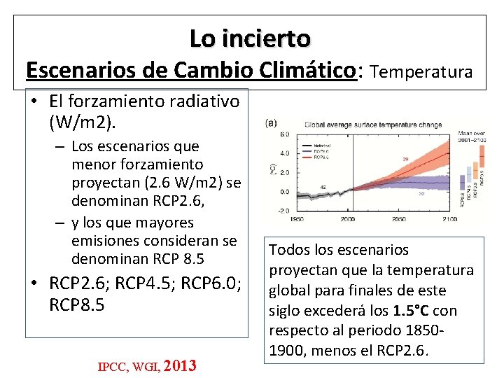 Lo incierto Escenarios de Cambio Climático: Temperatura • El forzamiento radiativo (W/m 2). –