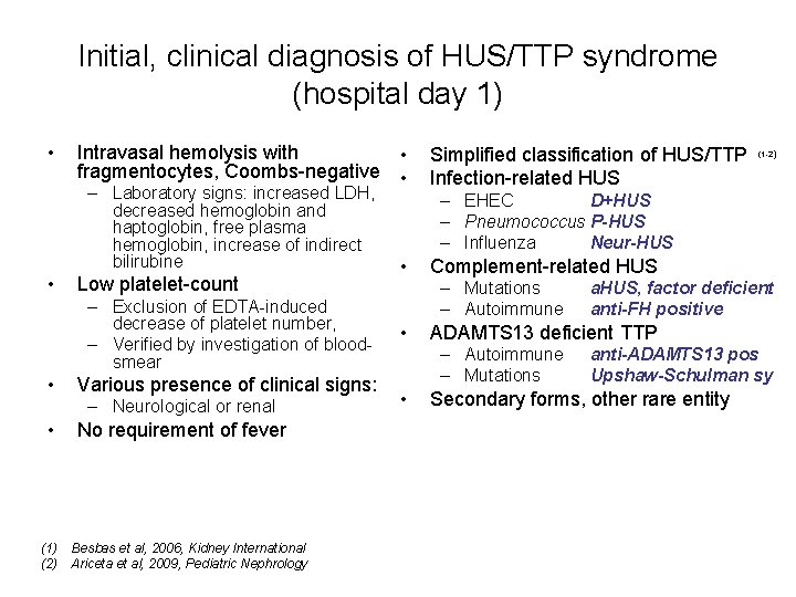 Initial, clinical diagnosis of HUS/TTP syndrome (hospital day 1) • Intravasal hemolysis with •