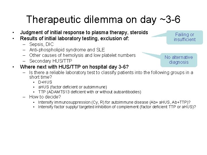 Therapeutic dilemma on day ~3 -6 • • Judgment of initial response to plasma
