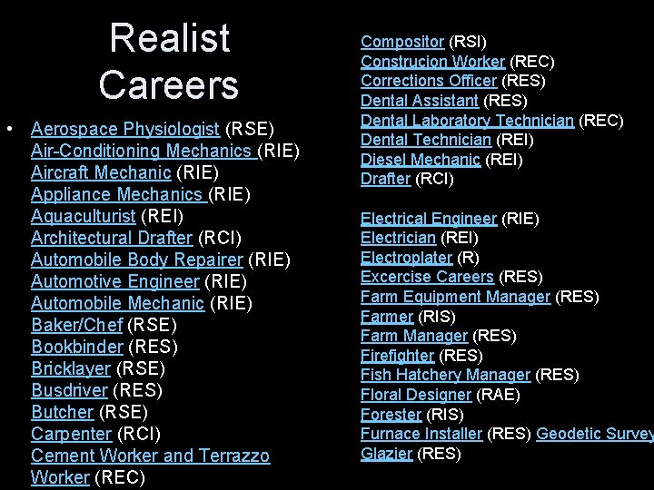 Realist Careers • Aerospace Physiologist (RSE) Air-Conditioning Mechanics (RIE) Aircraft Mechanic (RIE) Appliance Mechanics