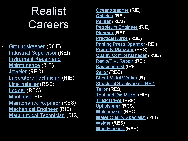 Realist Careers • Groundskeeper (RCE) Industrial Supervisor (REI) Instrument Repair and Maintainence (RIE) Jeweler