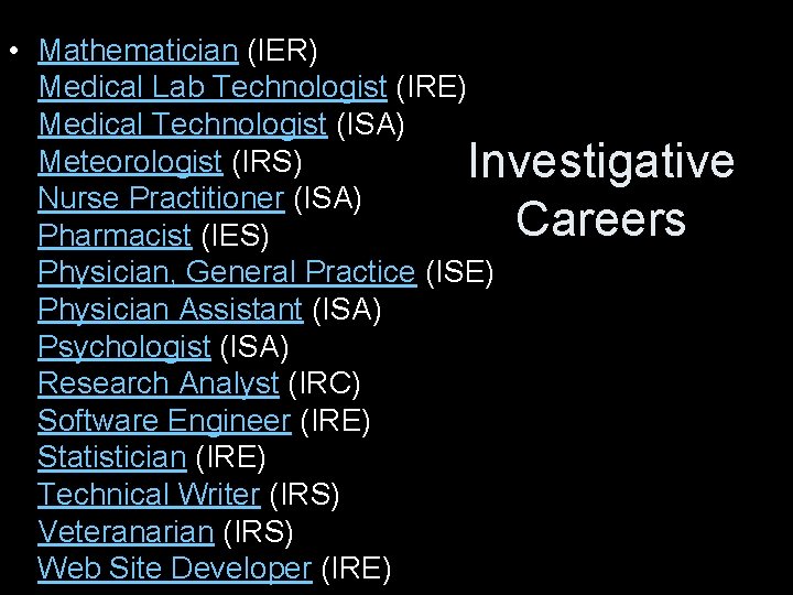  • Mathematician (IER) Medical Lab Technologist (IRE) Medical Technologist (ISA) Meteorologist (IRS) Investigative