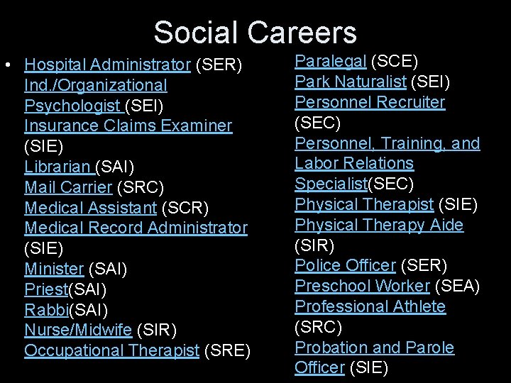 Social Careers • Hospital Administrator (SER) Ind. /Organizational Psychologist (SEI) Insurance Claims Examiner (SIE)