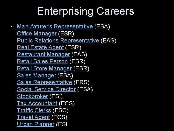 Enterprising Careers • Manufaturer's Representative (ESA) Office Manager (ESR) Public Relations Representative (EAS) Real