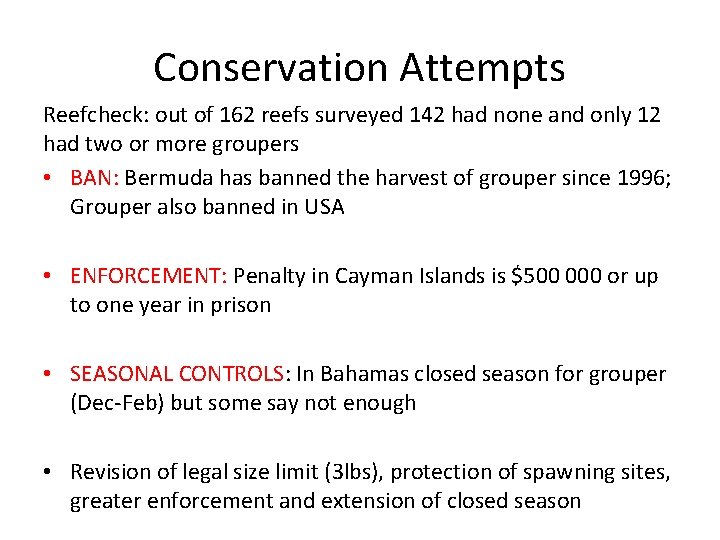 Conservation Attempts Reefcheck: out of 162 reefs surveyed 142 had none and only 12
