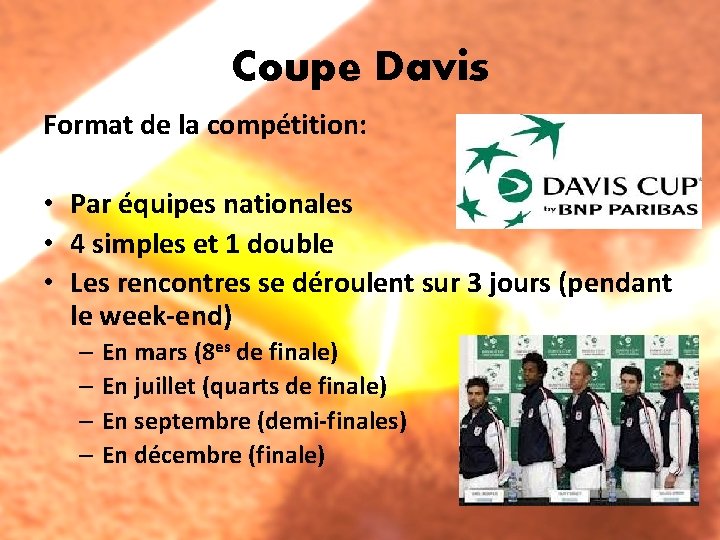Coupe Davis Format de la compétition: • Par équipes nationales • 4 simples et