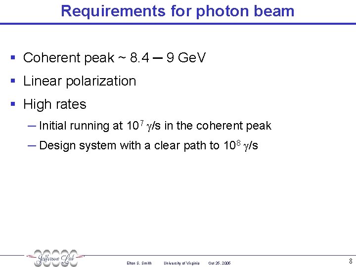 Requirements for photon beam § Coherent peak ~ 8. 4 ─ 9 Ge. V