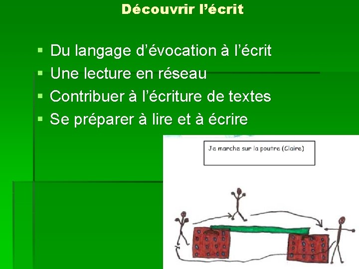 Découvrir l’écrit § § Du langage d’évocation à l’écrit Une lecture en réseau Contribuer