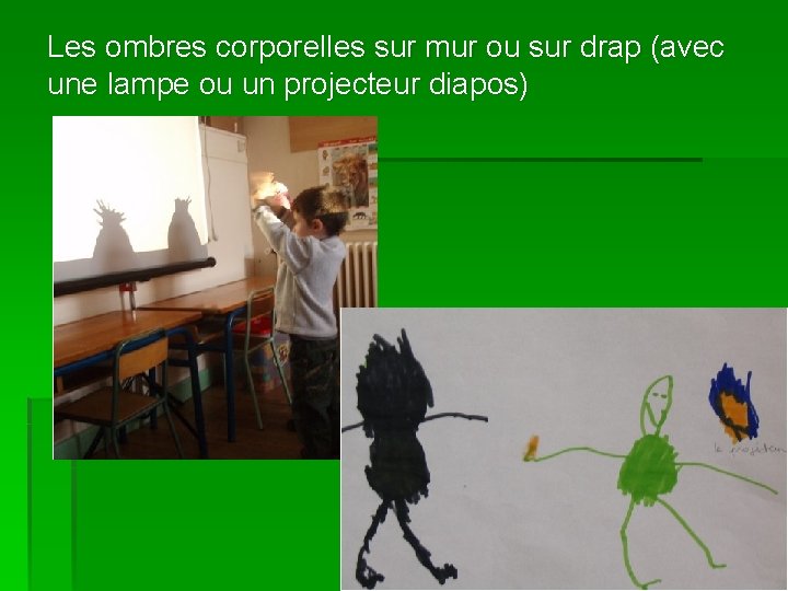 Les ombres corporelles sur mur ou sur drap (avec une lampe ou un projecteur