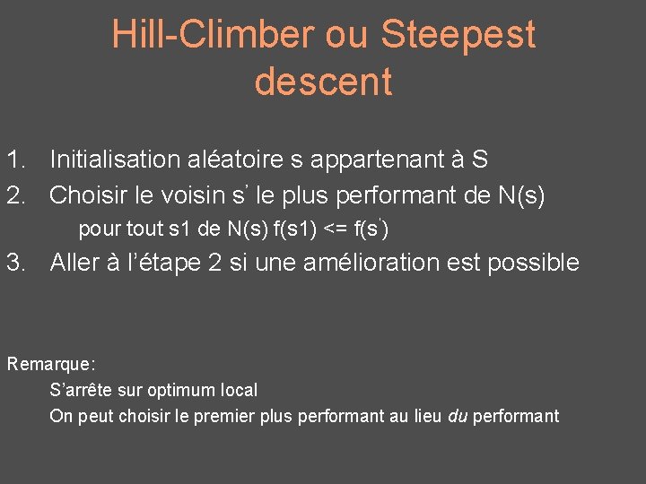 Hill-Climber ou Steepest descent 1. Initialisation aléatoire s appartenant à S 2. Choisir le