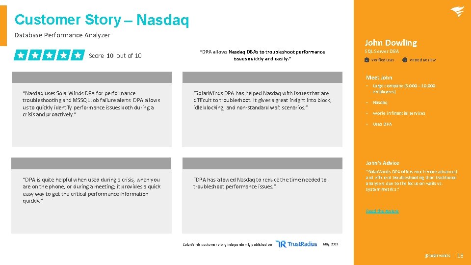 Customer Story – Nasdaq Database Performance Analyzer Score 10 out of 10 John Dowling Customer Story – Nasdaq Database Performance Analyzer Score 10 out of 10 John Dowling