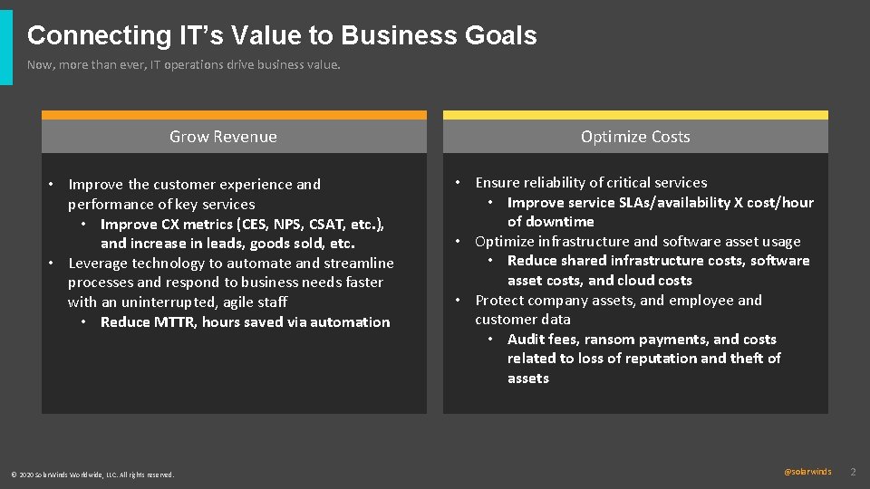 Connecting IT’s Value to Business Goals Now, more than ever, IT operations drive business