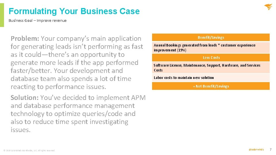 Formulating Your Business Case Business Goal – Improve revenue Problem: Your company’s main application