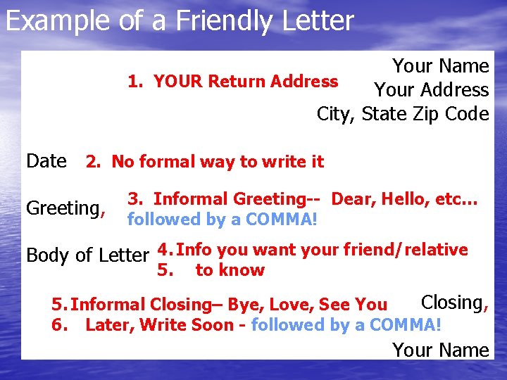 Example of a Friendly Letter Your Name 1. YOUR Return Address Your Address City,