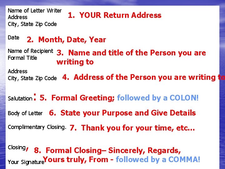 Name of Letter Writer Address City, State Zip Code Date 1. YOUR Return Address