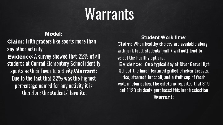 Warrants Model: Claim: Fifth graders like sports more than any other activity. Evidence: A