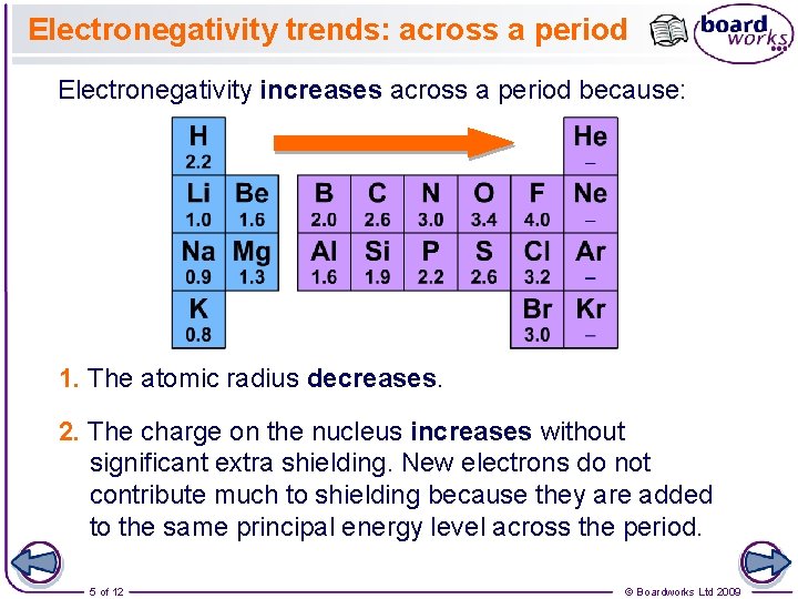 Electronegativity trends: across a period Electronegativity increases across a period because: 1. The atomic